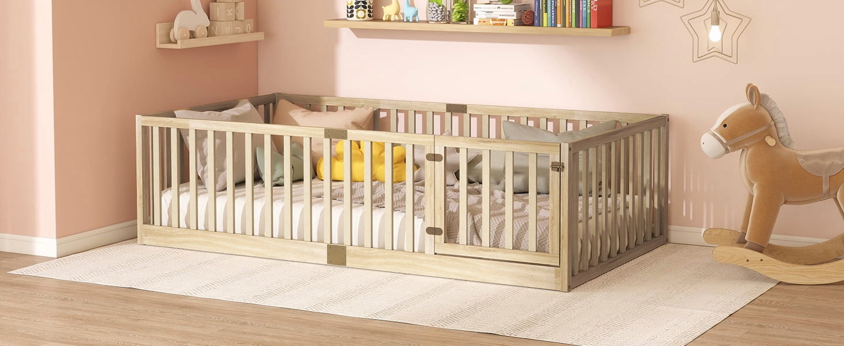 Twin Size Rubber Wood Floor Bed with High Fence & Door, Montessori Floor Bed with Safety Guardrails, Natural Finish, No Box Spring Needed
