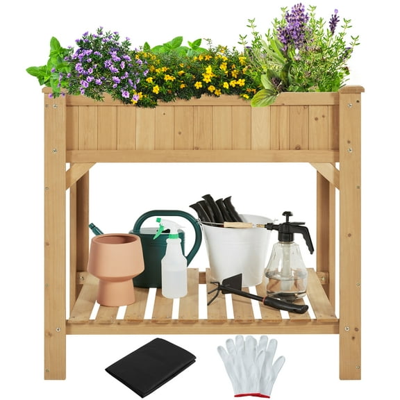 Topeakmart 8-Pocket Wood Elevated Planter Raised Bed with Fabric Liner, Protective Gloves, Light Brown