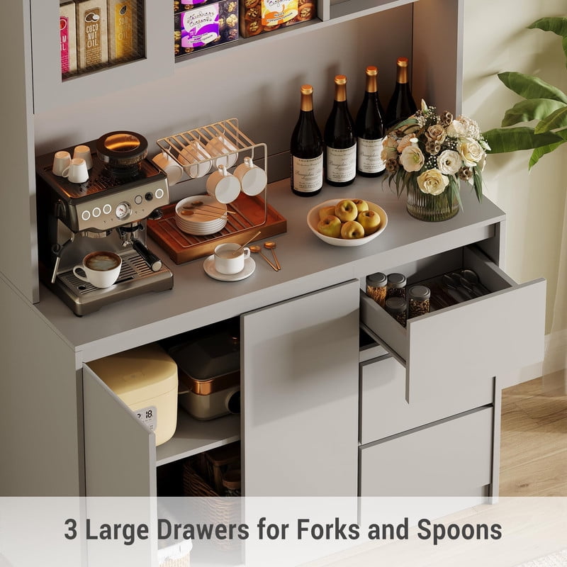 TROPOW Pantry Cabinet with Adjustable Shelf, Food Pantry with 4 Doors & 3 Drawers, Kitchen Pantry Cabinet with Built-in Power Hub for Dining Room