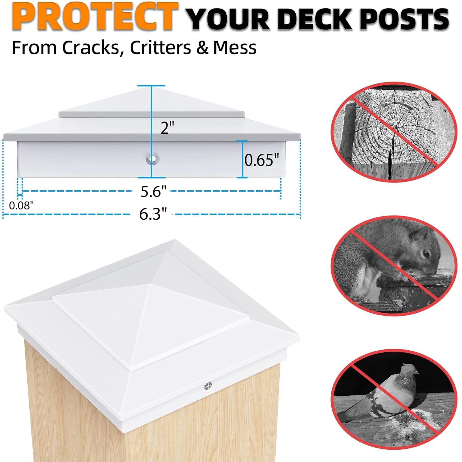 6X6 Aluminum White  Post Caps for  5.5" x 5.5" Wood Posts, Heavy-Duty Fence Post Caps Cover for Cedar Fence Deck Mailbox - Weatherproof, Rust-Resistant - 8 Pack