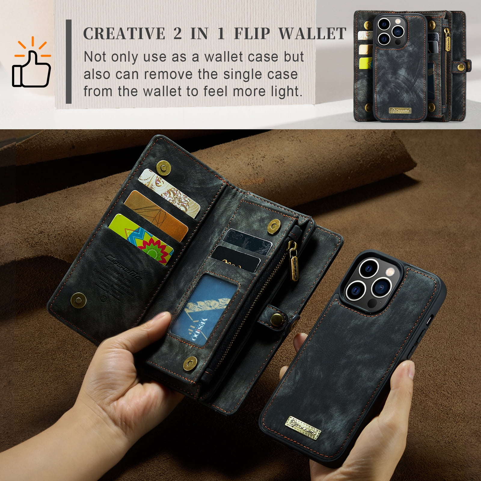 TECH CIRCLE 2-in-1 Magnetic Phone Case with Wrist Strap for iPhone 17 Pro Max (2025), Detachable Flip Wallet Case with 8 Card Slots, Zipper Pocket, Stand, Protective Slim Magnetic Back Cover, Black