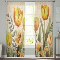 Sheer Curtains 96 inches Long, Yellow Tulip Watercolor Floral Retro Linen Light Filtering Sheer Window Curtains Rod Pocket Voile Drapes for Bedroom Living Room, 52"W x 96"L 2 Panels