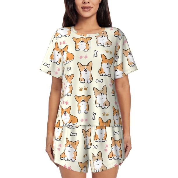 Balery Cartoon Corgi Conjunto de Pijama para Mujer con Estampado, Dos Piezas de Manga Corta y Shorts, Ropa de Dormir Suave con Cuello Redondo y Bolsillos-Small