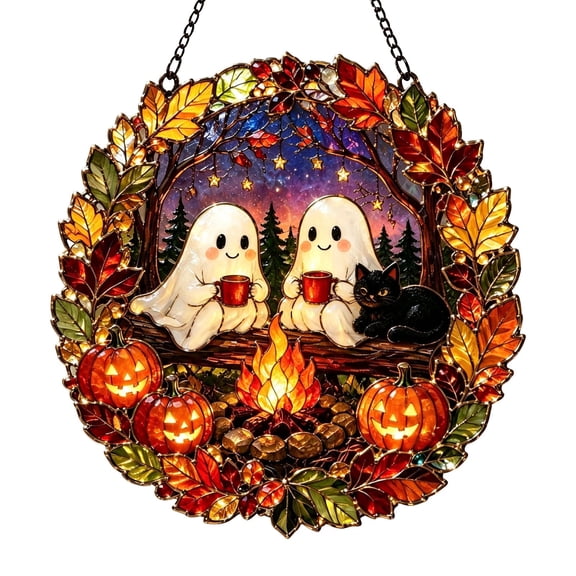 2D Acrylic Suncatcher Hanging Ornament Cute Ghost Pumpkin Fall Maple Leaf Window Hanging Decor Halloween Thanksgiving Home Wall Door Art Decoration
