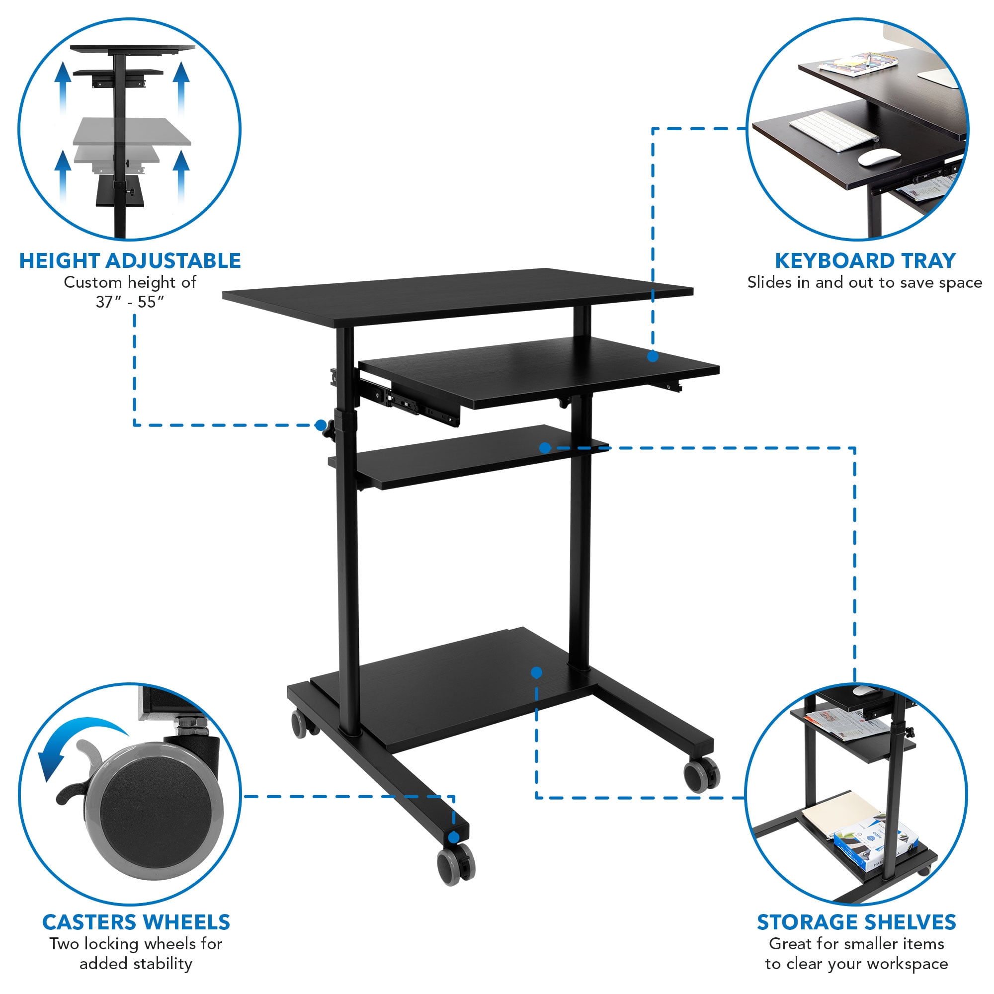 Mount-It! Mobile Standing Desk with Retractable Keyboard | Sit Stand Computer Cart
