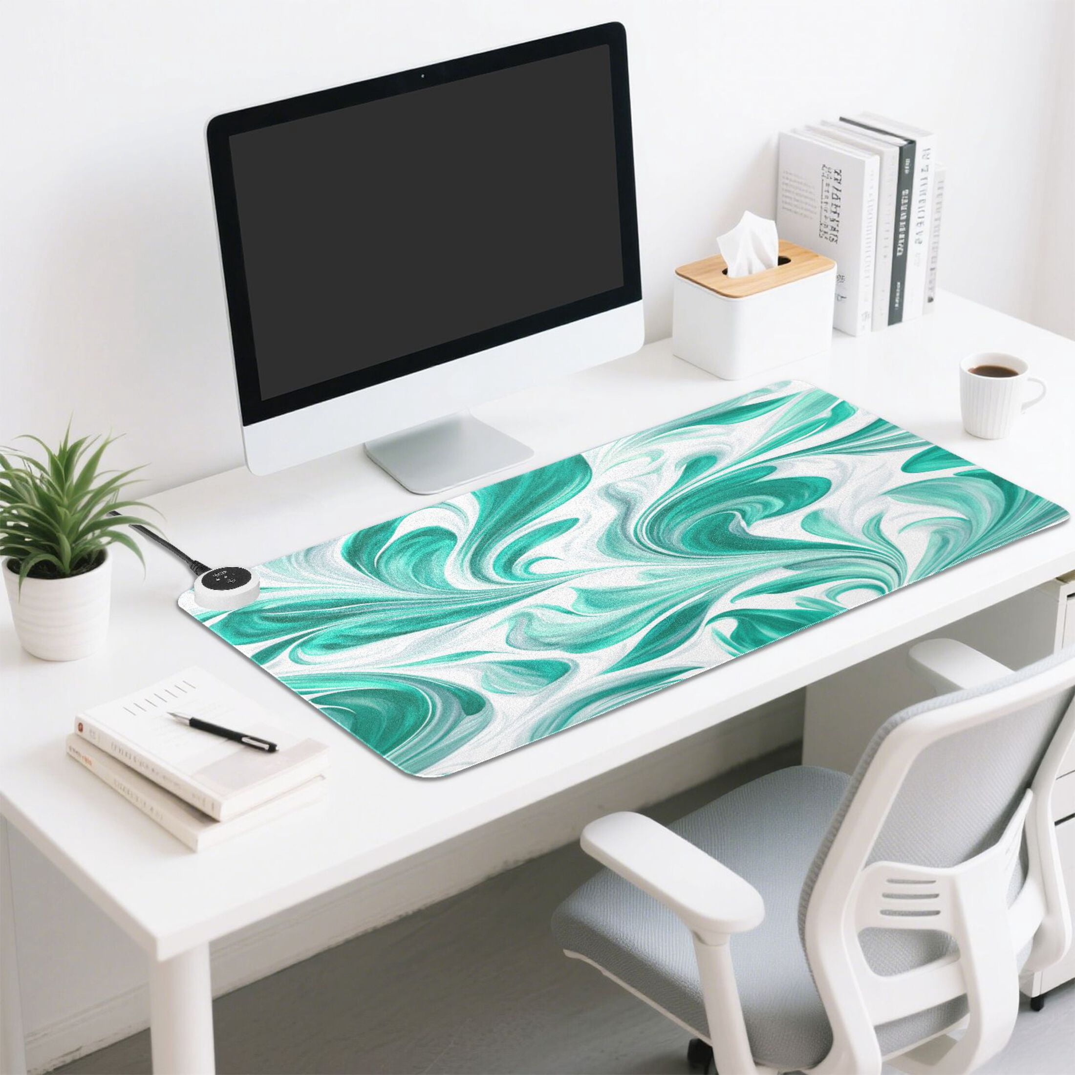 Large Heated Desk Mat Mouse Pad 31.5"x13"PU Leather Graphene Heating Desk Warmer with 3 Temperature Settings 110V US Plug Non-Slip Warm Pad for Home, Office, and Gaming Jade Green Marble Pattern