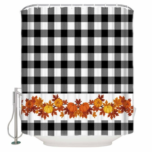 Fabric Shower Curtain, Sunflower Maple Leaves Black White Plaid Fall Shower Curtains with 12 Hooks Waterproof Machine Washable Bath Curtains for Bathroom,72 x 96in