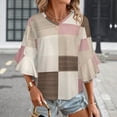 thumbnail image 3 of Pink Beige Brown Textile Squares Women's V-Neck Blouse With 3/4 Ruffled Bell Sleeves Casual Top Ladies Blouses, 3 of 7