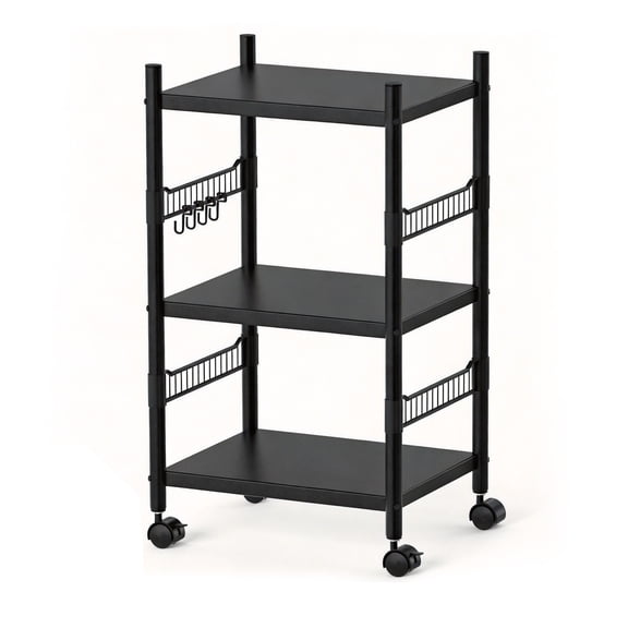 Kitchen Microwave Cart, 3-Tier Utility Shelf Microwave Stand Storage Cart with Wheels and 4 Hooks, Rolling Utility Storage Cart, Microwave Oven Storage Cart for kitchens Bathrooms Offices