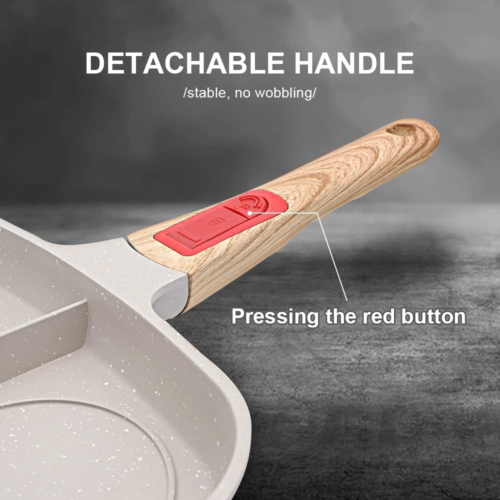 3 Section Nonstick Grill Pan with Detachable Handle, White Square Skillet for Stove Top Cooking