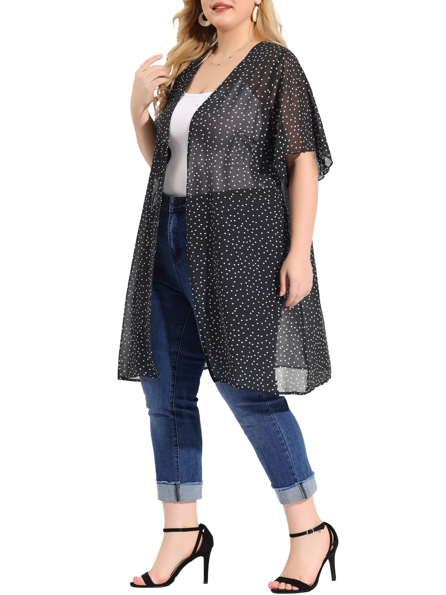 Unique Bargains Junior's Plus Size Polka Dots Bell Sleeve Female Chiffon Cardigans 1X Black