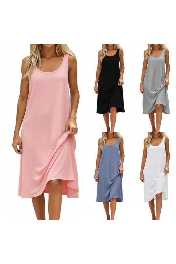 Summer Dresses for Women Loose Casual Sleeveless Tank Dress Solid Color Crewneck House Dresses Beach Sundresses Light Gray L