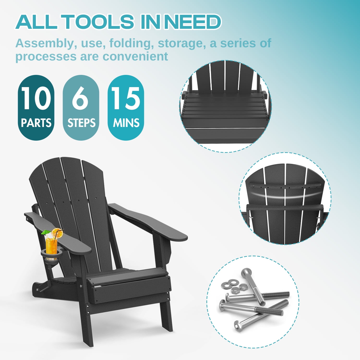 FODINGHILL Outdoor Folding Adirondack Chair, HDPE All Weather Patio Chair with Cup Holder for Deck Backyard Garden, Grey