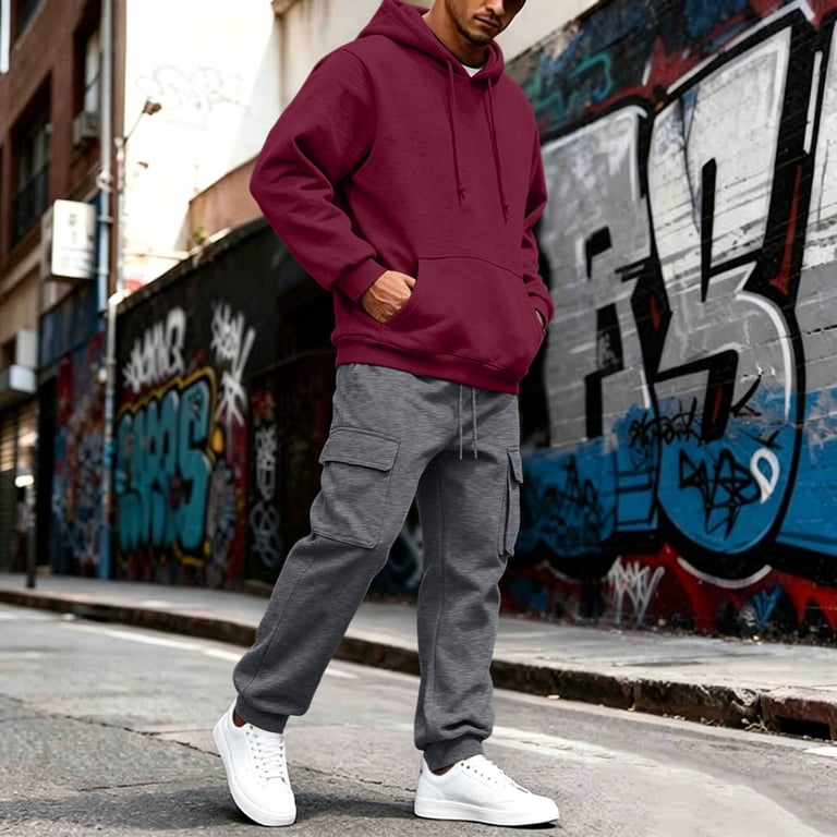 IUYRTFE Men's Hoodie Set, 100% Polyester Loose Fit Drawstring with ...