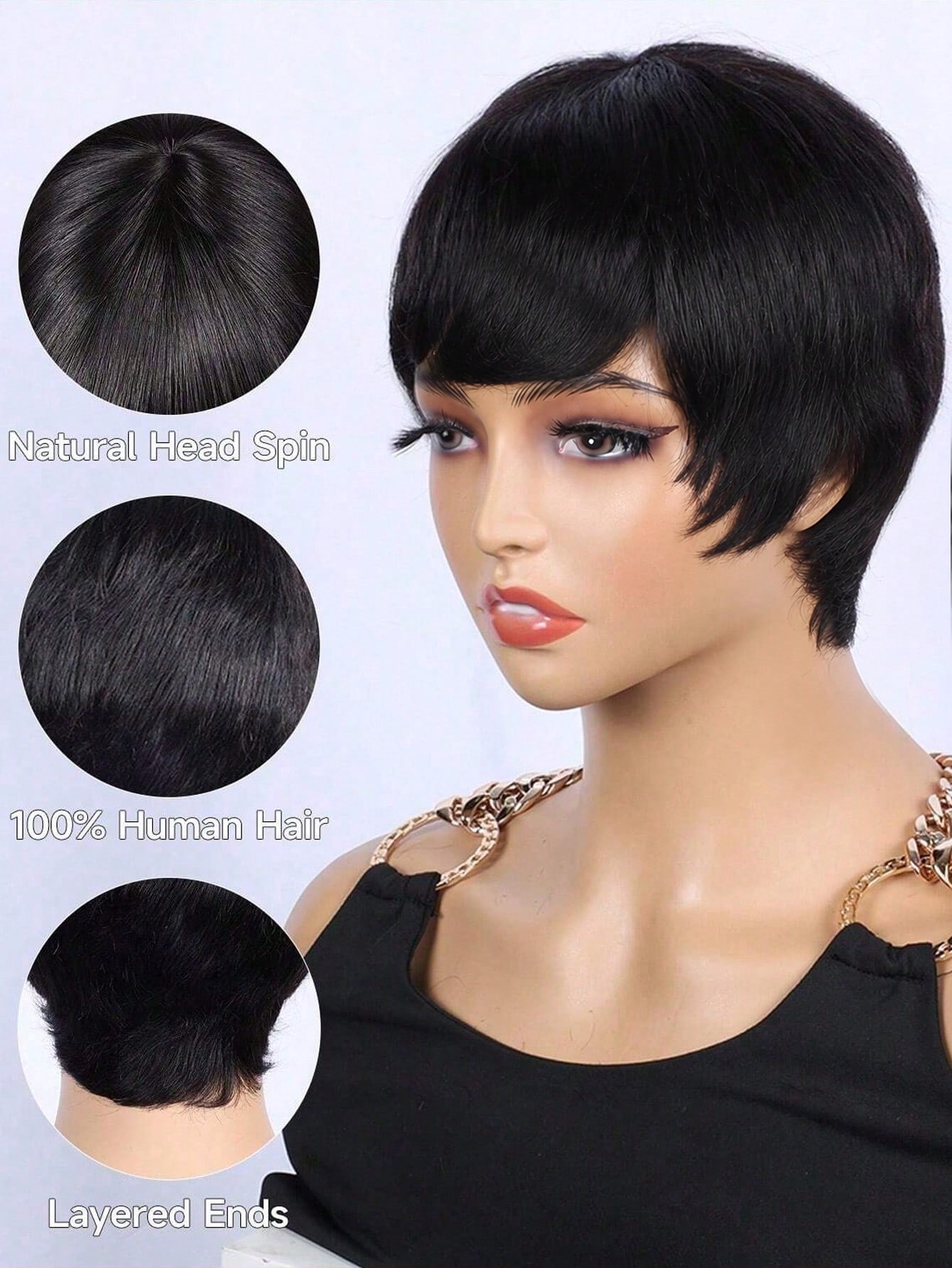 Short Straight Pixie Cut Wig Ombre 1B# Human Hair With Bangs 150% Density Full Machine Made Wigs For Women