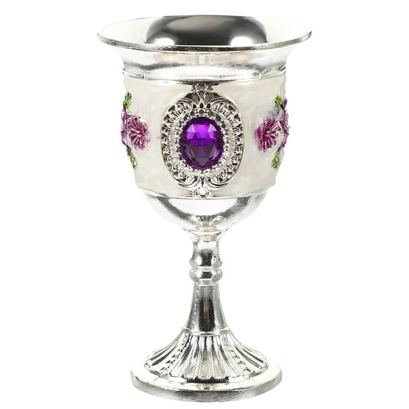 Cáliz de aleación de zinc con incrustaciones de gemas, copa de vino, copa de licor blanca tallada, copas de vástago para bar en casa, fiesta (plata, blanco, morado, patrón de flores al azar)