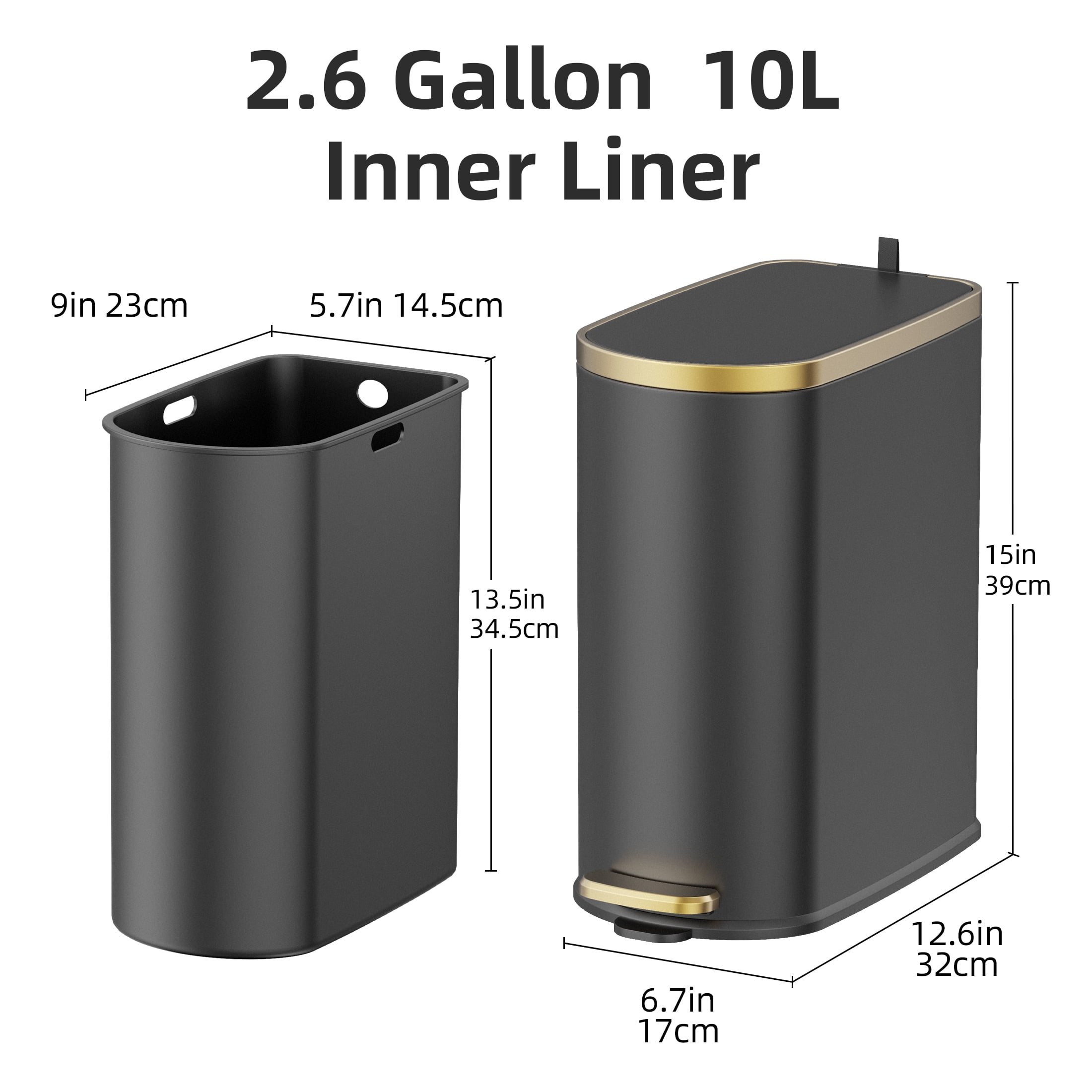 KSSKSS 2.6 Gallon/10L Slim Stainless Steel Bathroom Trash Can with Lid, Soft-Close Small Garbage Bin for Narrow Spaces, Black