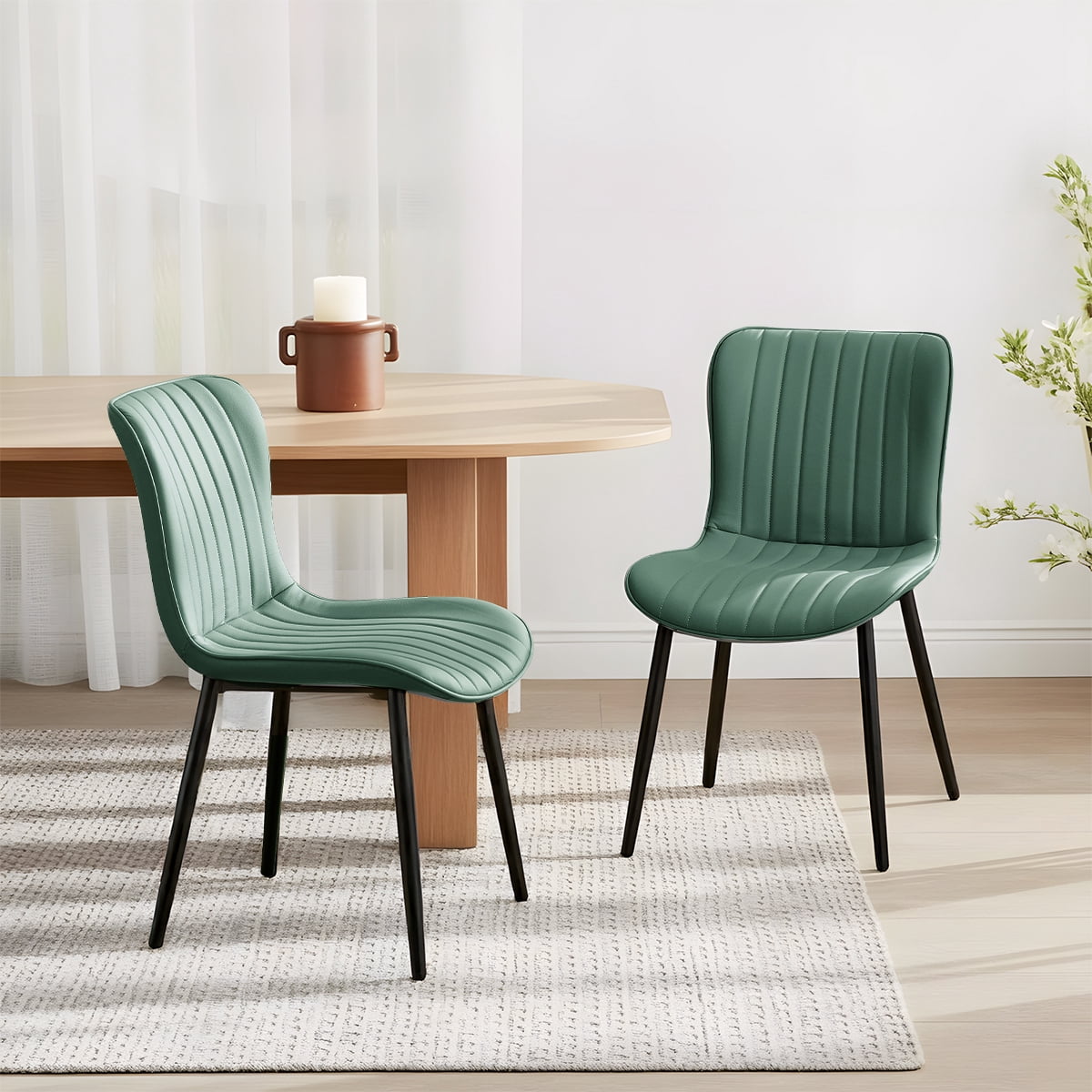 Modern Dining Chairs Set of 2, PU Leather Upholstered Kitchen Side Chairs with High Backrest, Heavy Duty, Cushions & Durable Metal Legs with Adjustable Feet for Kitchen, Dining Room,Restaurant,Green