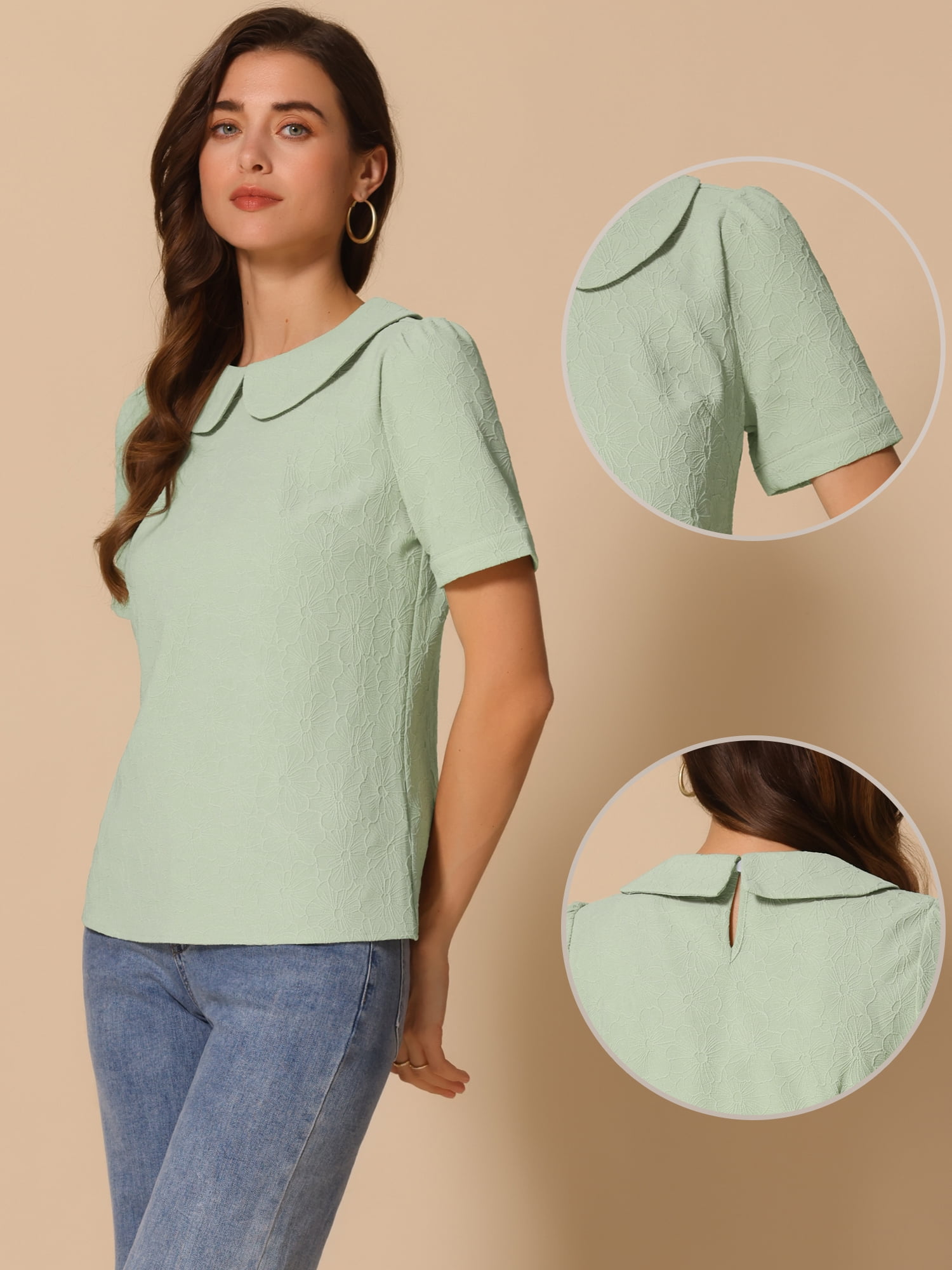 DARING DIVA Floral Puff Kawaii Peter Pan Collar Blouse M Light Green