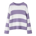 thumbnail image 4 of Fall Womens Sweater Stripe Color Block Ribbed Knitted Long Sleeve Crewneck Fall Knitwear Purple, 4 of 5