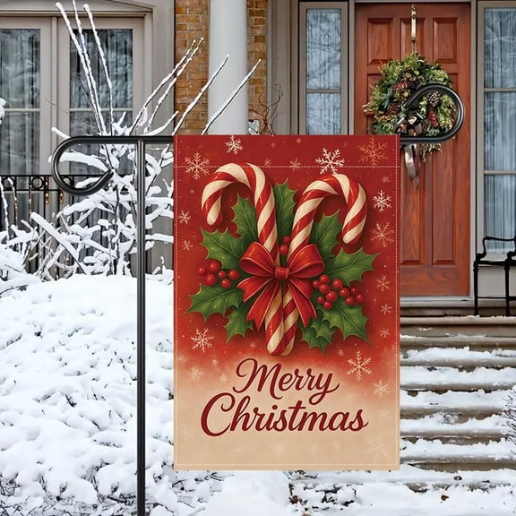 Holiday Garden Flag 12x18 Inch, Candy Cane and Holly Burlap Yard Flag with Red Bow and Snowflakes, Double-Sided Outdoor Decoration for Porch, Lawn, Patio