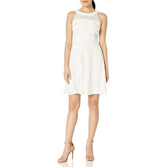 London Times Women's Petite Circle Flower Stripe Lace Full Skirt Halter Dress, Natural, 8P