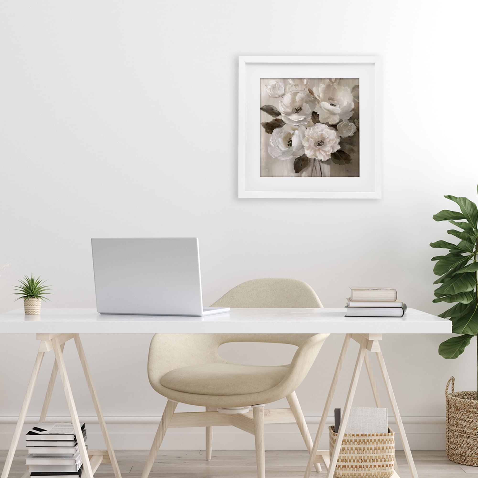 Stupell Industries Ivory Flower Bushel White Framed Print Under Glass, design by Nan