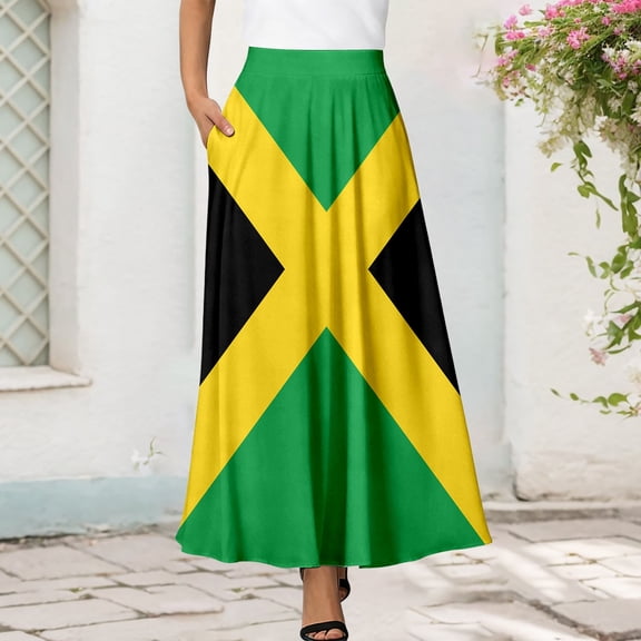 Summer Dress for Women Color Block Printed Mid Length Skirt High Waist A Line Light Flowy Casual Daily Bottom