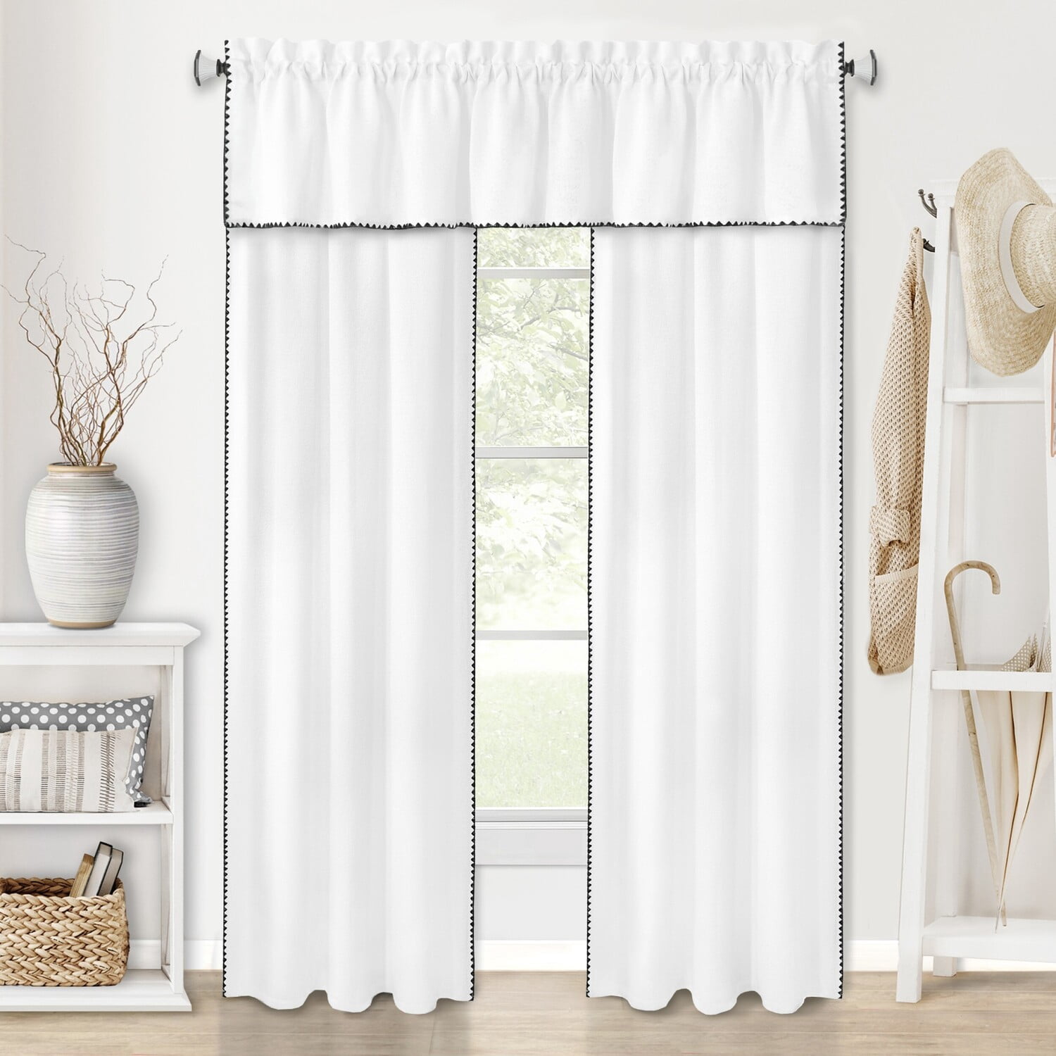 Achim Kendal Solid Rod Pocket Light Filtering Curtain Panel, White/Black, 52" x 84"