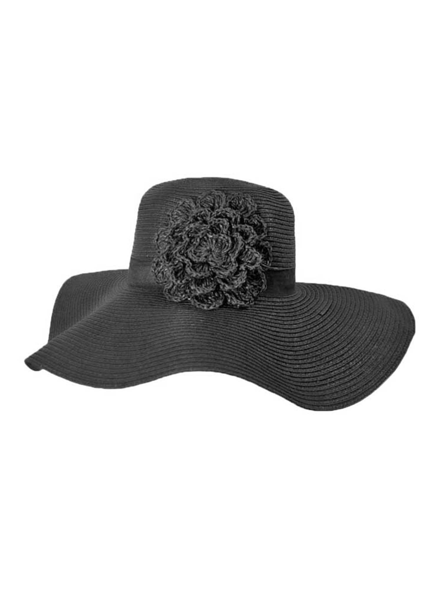 Black Brim Floppy Sun Hat With Crochet Flower