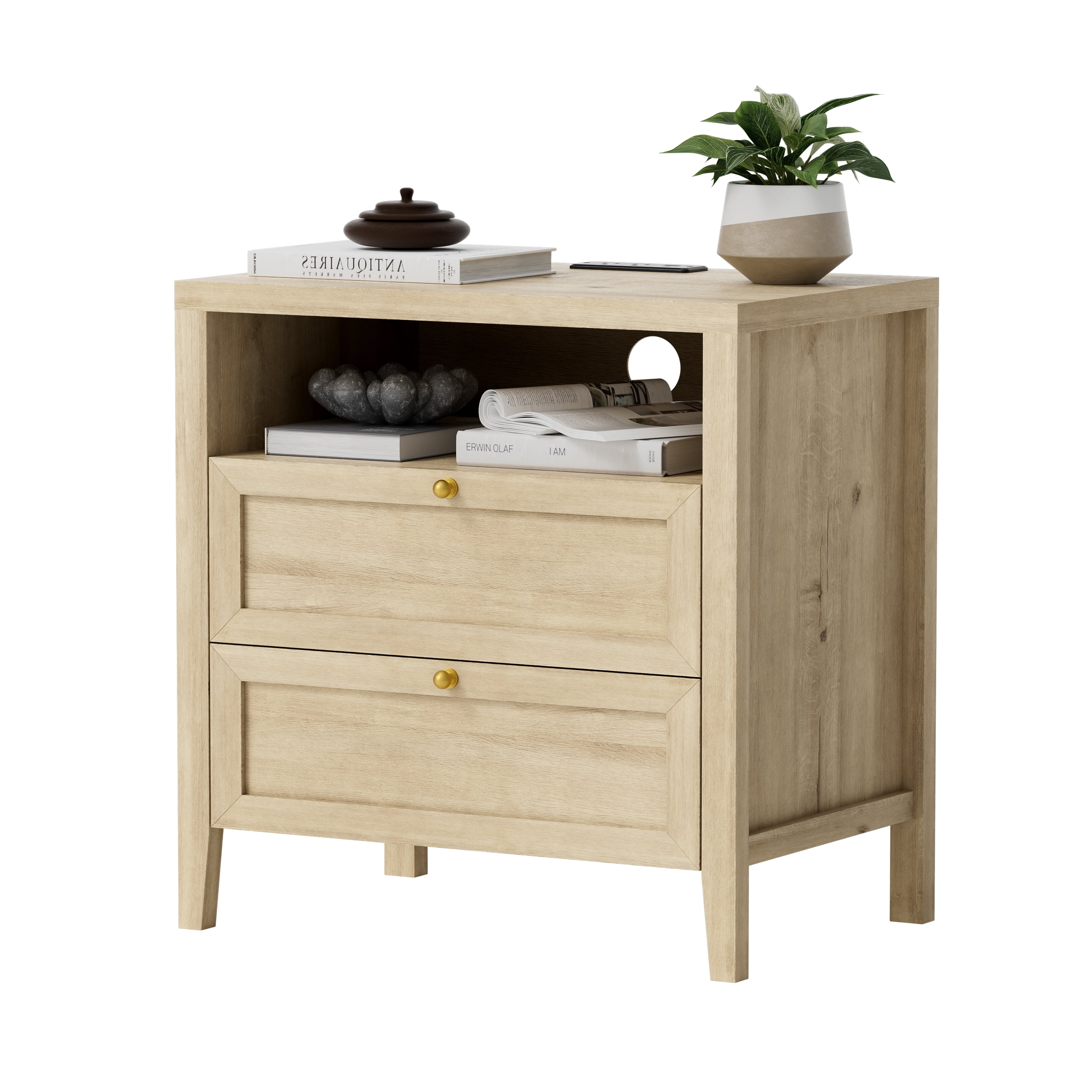 Joyyskill Farmhouse End Table with 2 Drawers, Wooden Nightstand with Open Storage Cable Hole Freestanding Wide Bedside Table for Bedroom Living Room Sofa, Light Oak