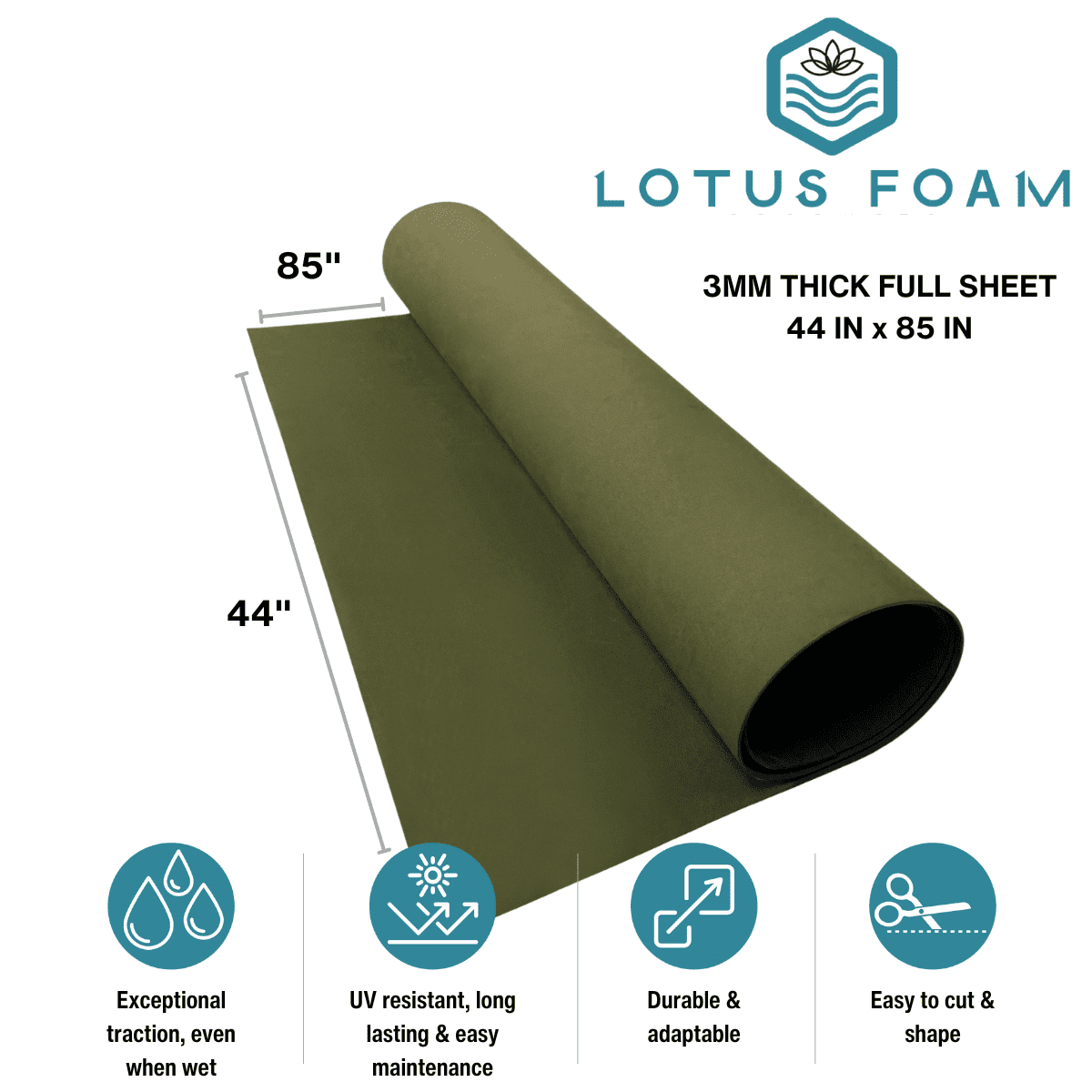 LotusFoam EVA Foam Sheet 3mm – 44"x 85" Craft Foam for Cosplay, Costumes & DIY, High Density 130 kg/m3, Heat Shapeable, Paintable, 35 Colors (Olive Green)