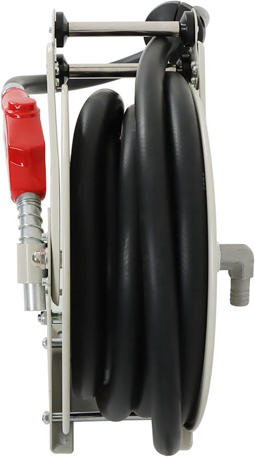 munirater 1 Inch x 33 Ft Diesel Fuel Hose Reel with Fuel Nozzle Heavy Duty Steel Retractable Hose Reel