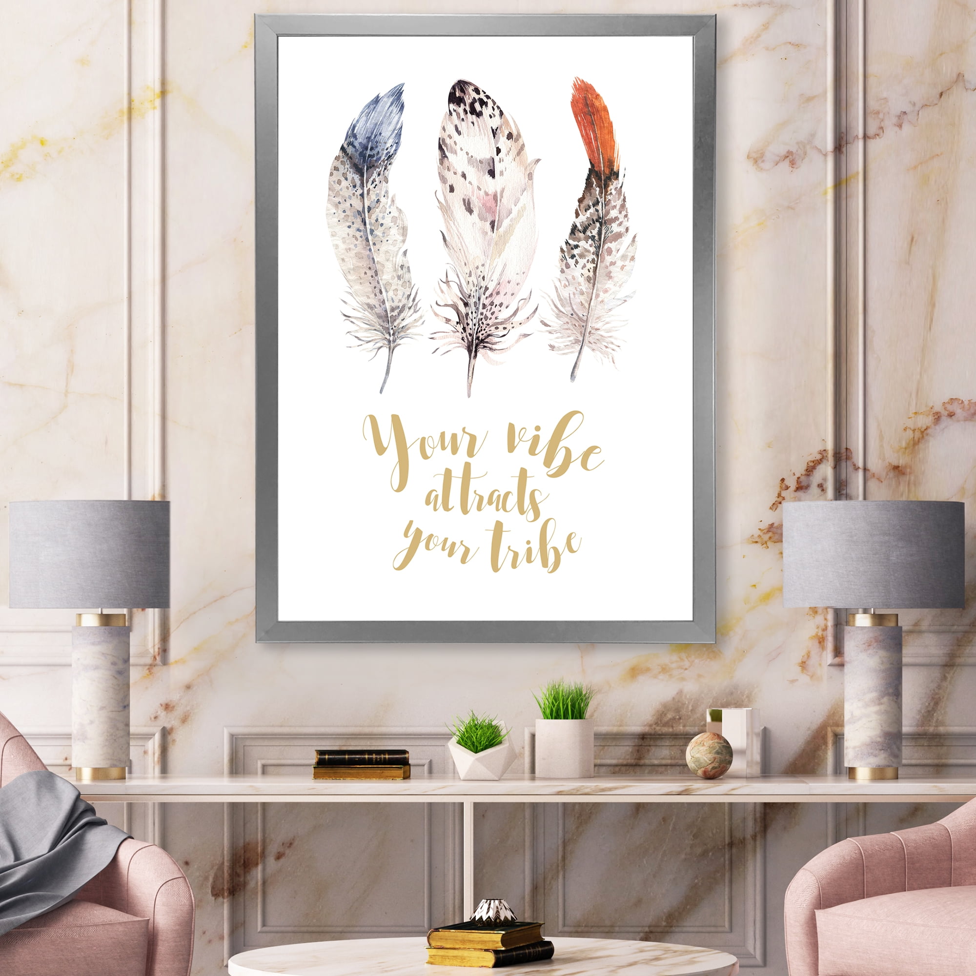 Designart 'Your Vibe Attracts Your Tribe Ethnic Feathers II' Bohemian & Eclectic Framed Art Print