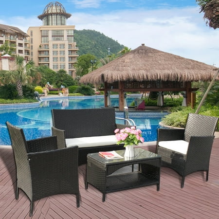 Indoor Outdoor Sofa 4pcs Patio Furniture Sets All Weather Indoor Outdoor Conversation Set Rattan Wicker Sofa with Cushion and Cofe Table Garden Yard Poolside Balcony Furniture ()