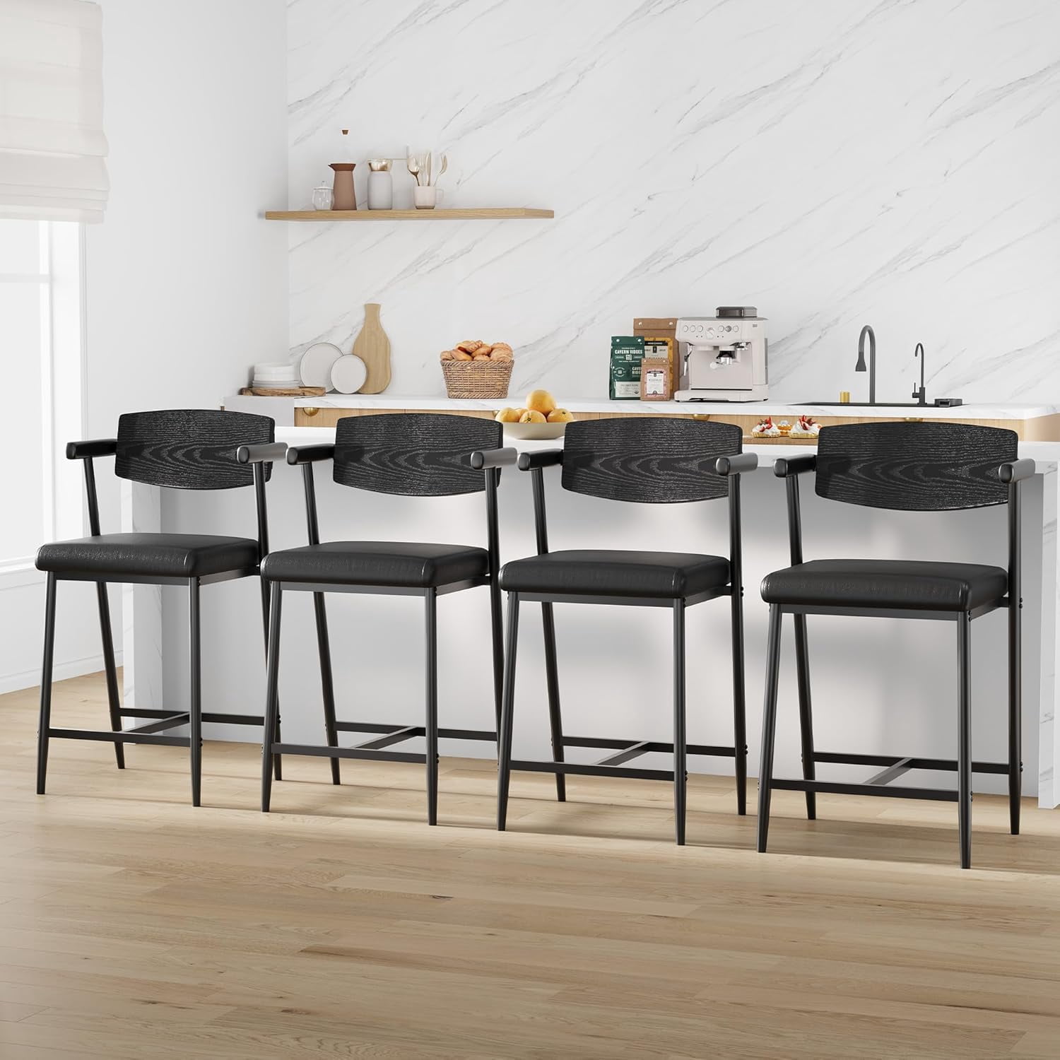 Juiluna Counter Height Bar Stools Set of 2 With Arms,26" Upholstered Bar Stools With Back, Wider Seat, Modern Bar Stools Set With Footrest for Kitchen Island, Counter Bar,Easy Assembly,Black/Brown