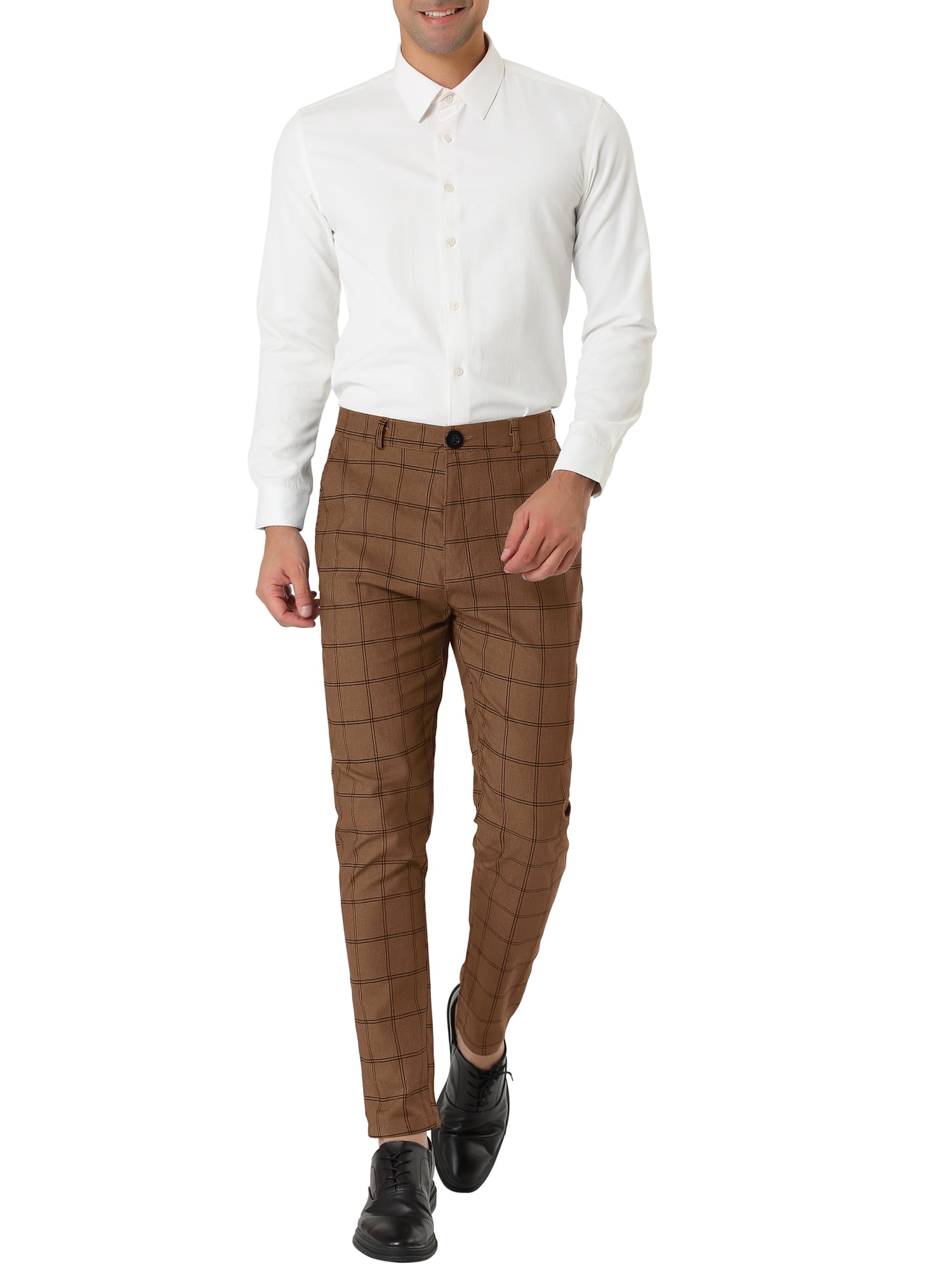 Unique Bargains Men's Slim Fit Plaid Business Pants Trousers with Pockets 38 Dark Brown