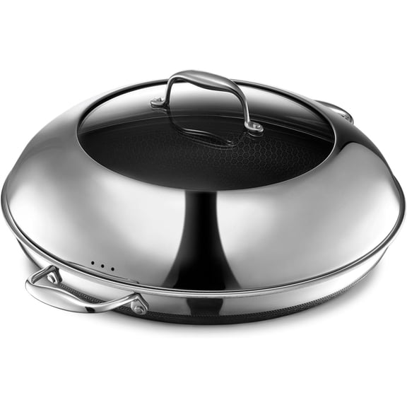 HexClad 14 inch Hybrid Stainless Steel Frying Pan with Glass Lid, Nonstick