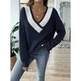 thumbnail image 5 of Womens Long Sleeve - Knit Pullover Tops Contrast Color Stitching V-Neck Pullover Sweater Hidden Blue S, 5 of 7