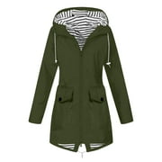 Kukoosong Women Solid Rain Jacket Outdoor Plus Size Waterproof Hooded Windproof Loose Coat