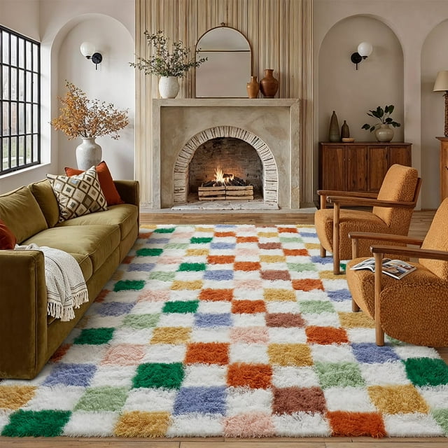BERTHMEER 5'x7' Shag Area Rugs for Living Room Bedroom Office Farmhouse Entryway Modern Checkered Contemporary Plush Soft Carpets Indoor Fluffy Washable Rugs, Green Multicolor