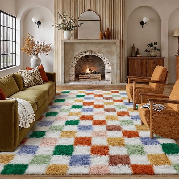 BERTHMEER 8'x10' Shag Area Rugs for Living Room Bedroom Fluffy Rugs Soft Checkered Plush Contemporary Geometric Modern Indoor Rugs Carpets, Green Multicolor