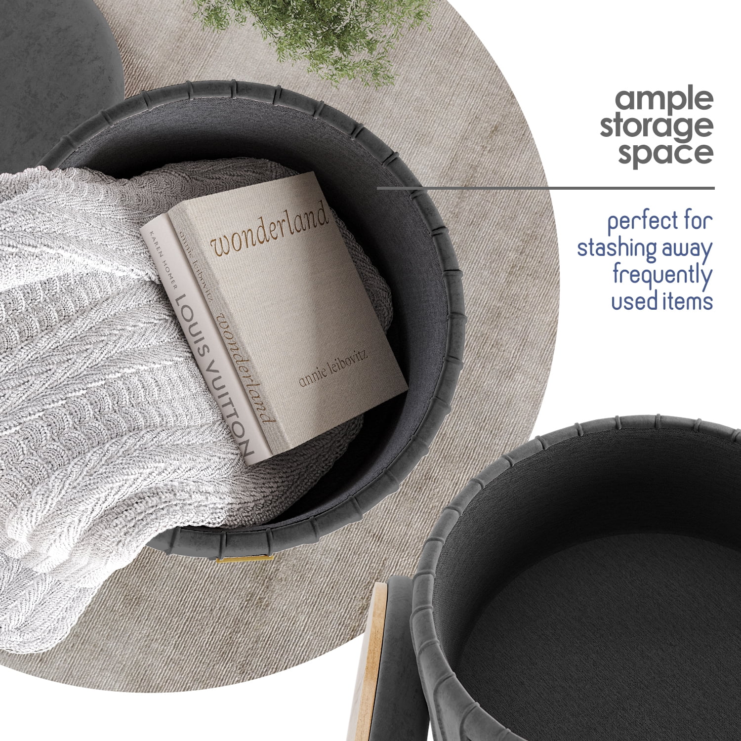 LammaLoe Small Round Ottoman with Storage, Pleated Velvet Ottoman Foot Stool with Lid, Upholstered Vanity Stool for Living Room & Bedroom, Gray