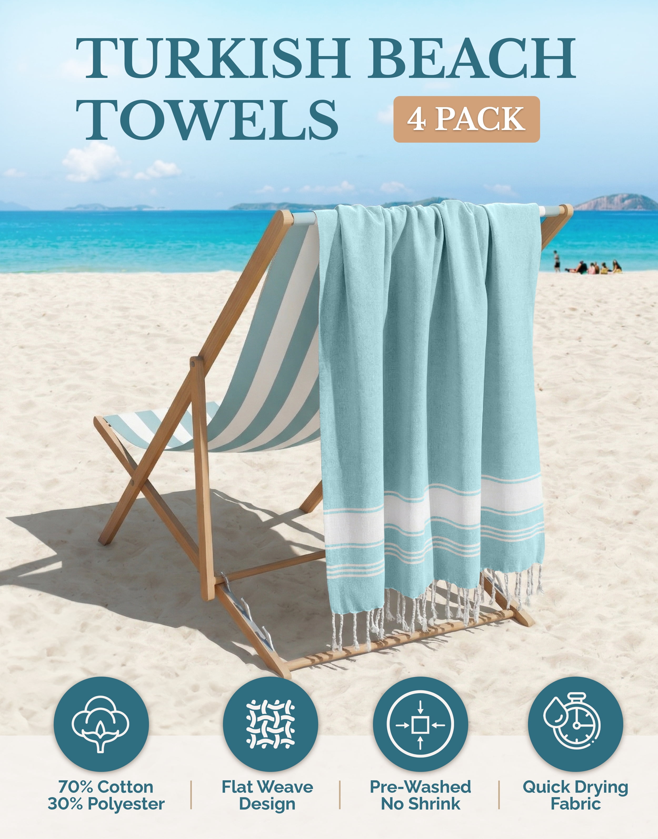 Casa Platino Oversized Cotton Beach Towel Set of 4, Quick Dry Extra Large Towels - Aqua