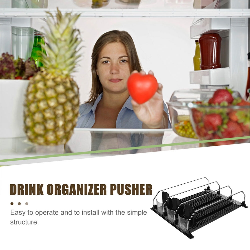 3-Pack Beverage Fridge Organizer with Self-Pushing Design, Black ABS & Stainless Steel, Refrigerator Shelf Storage Solution