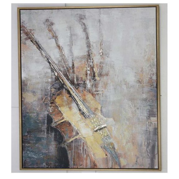 Benjara 40 x 59 Framed Canvas Oil Painting, Guitar, Natural Fiber, Gray and Brown