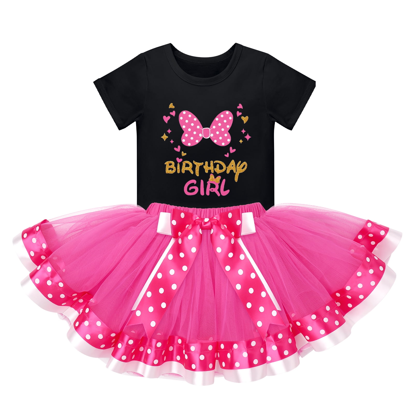 IBTOM CASTLE Toddler Girls Birthday Outfit Polka Dots Tops Tutu Skirt Mouse Ears Headband for Cake Smash Photo Shoot 3 Years Black + Hot Pink - Bowknot