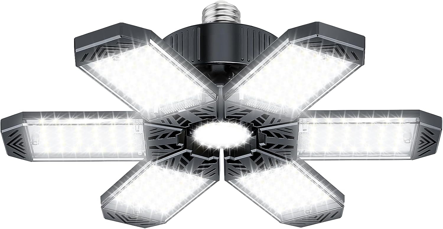 FEFEFW-LED Garage Light - 200W 20000LM Garage Lights Ceiling LED, 6500K Shop Lights Screw in E26/E27 Bulb Socket with 6 Deformable Panels, Lighting for Workshop Basement Barn