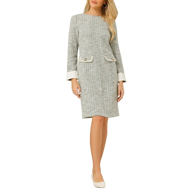 VESTIDO DE TWEED CHIC PARA MUJER CON PUÑOS DE CONTRASTE Y MANGAS LARGAS, LARGO HASTA LA RODILLA, VESTIDO SEMI-FORMAL TALLA S BLANCO NEGRO
