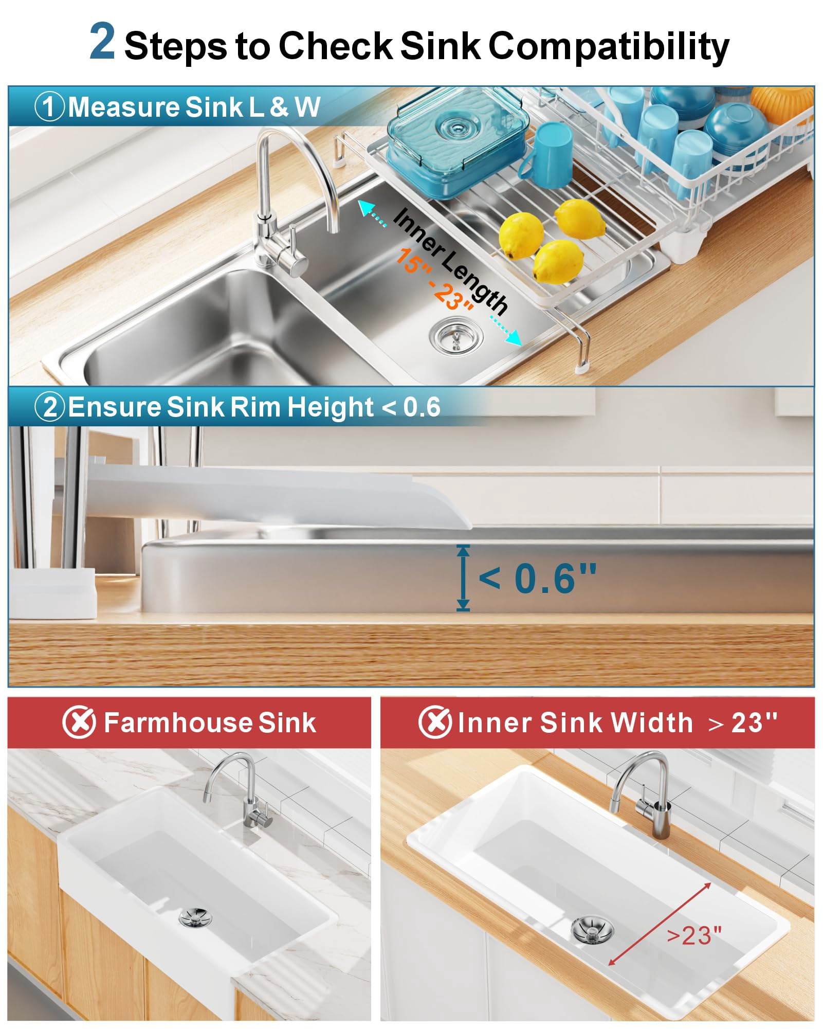 Large 2 Tier Dish Drying Rack  Expandable Heavy-duty For Kitchen Counter Rust-resistant Drainer With Utensil & Cup Holder Auto-drain 16.9" W X 14.4"-22.4" L White